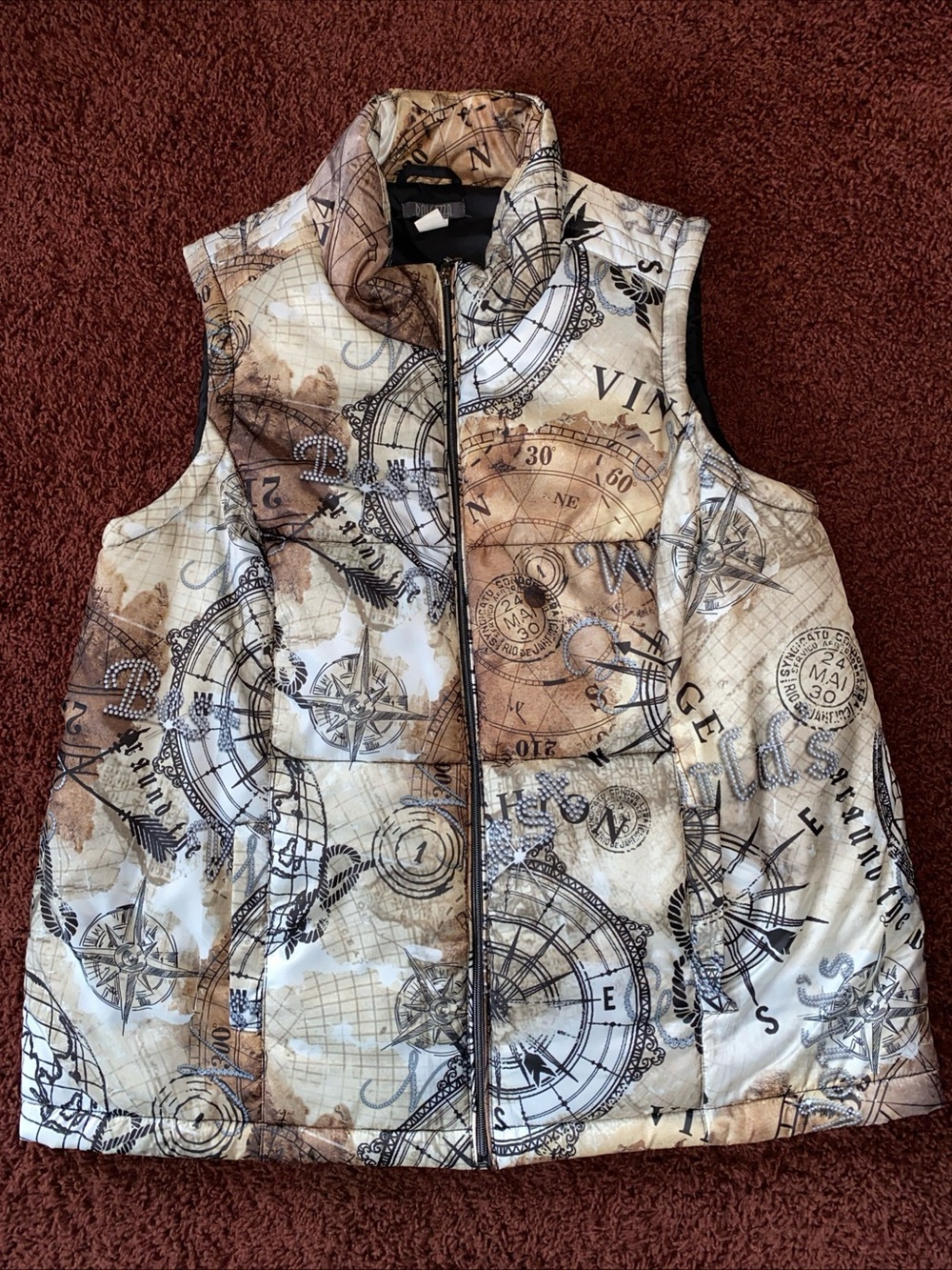 Dolcezza Zip Puffer Vest Women XL Beige Quilted Travel Compass Vintage Map Artsy